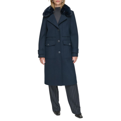 Andrew Marc Olpae Faux Fur Collar Wool Blend Trench Coat