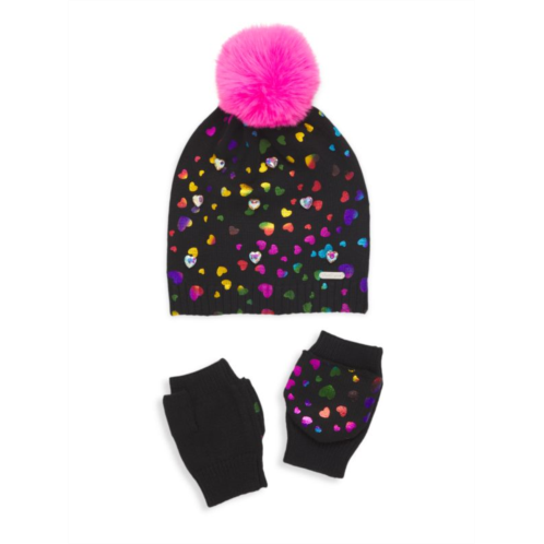 Bari Lynn Girls Metallic Heart Beanie & Convertible Gloves Set