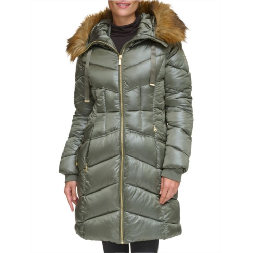 Guess Chevron Faux Fur Trim Hooded Puffer Coat