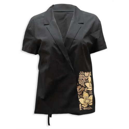 Dries Van Noten Kimono Shirt Wrap Around With Gold Floral Embroidery In Black Cotton