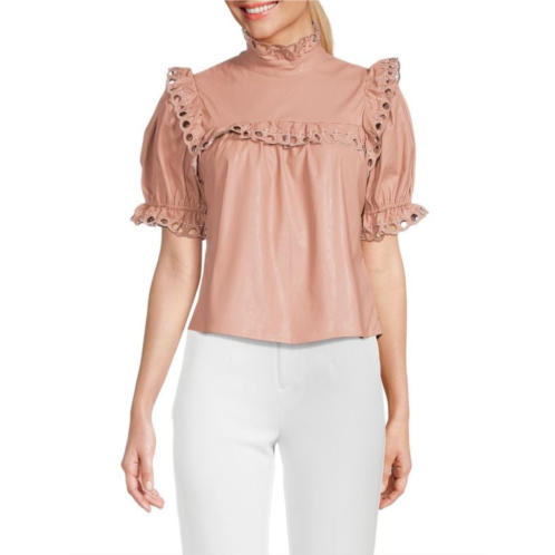Stellah Eyelet Puff Sleeve Faux Leather Top