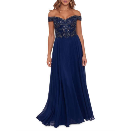 Xscape Off Shoulder Beaded Chiffon A Line Gown