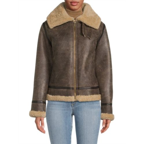 Blue Duck Shearling Trim Leather Biker Jacket