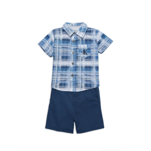 Calvin Klein ?Baby Boys 2-Piece Plaid Shirt & Shorts Set