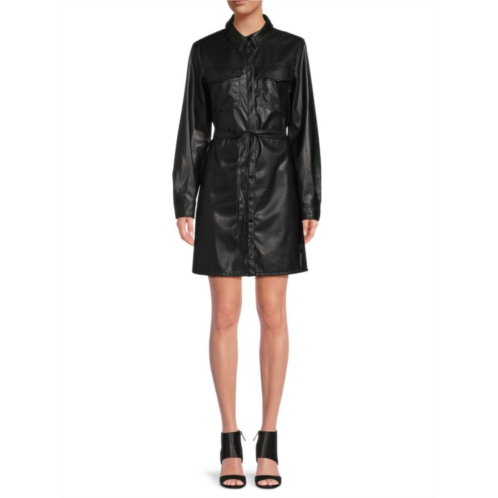 DKNY Belted Faux Leather Shirtdress