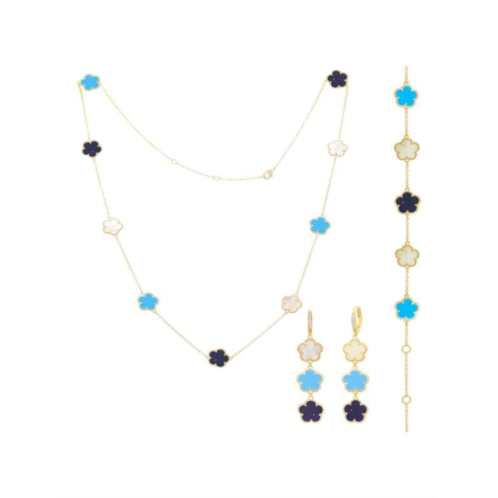 JanKuo Flower 3-Piece 14K Goldplated, Mother of Pearl, Synthetic Sapphire & Agate Set