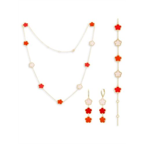 JanKuo Flower 3-Piece 14K Goldplated, Crystal, Synthetic Coral & Agate Set