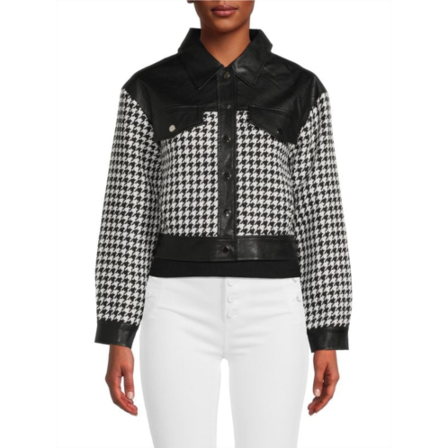 Wdny Houndstooth Faux Leather Cropped Jacket
