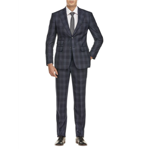 English Laundry Slim Fit Peak Lapel Gingham Plaid Wool Blend Suit