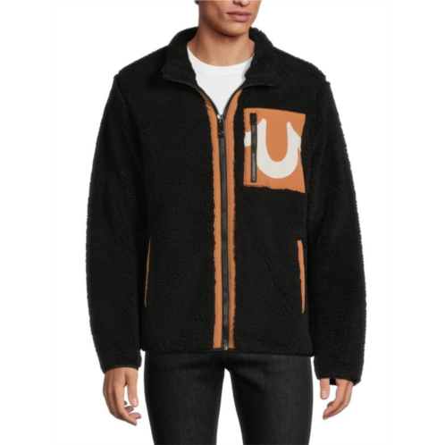 True Religion Logo Faux Shearling Zip Up Jacket