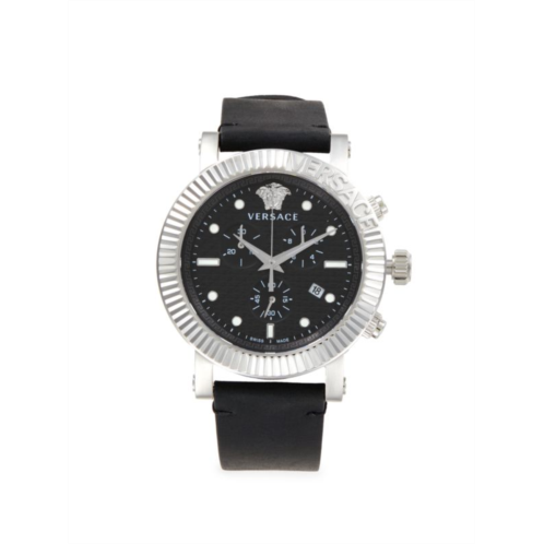 Versace 45MM Stainless Steel & Leather Strap Chrono Watch