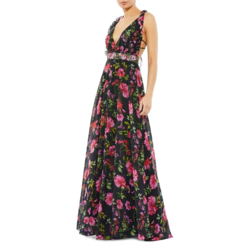 Mac Duggal Embellished Belt Floral Flared Gown