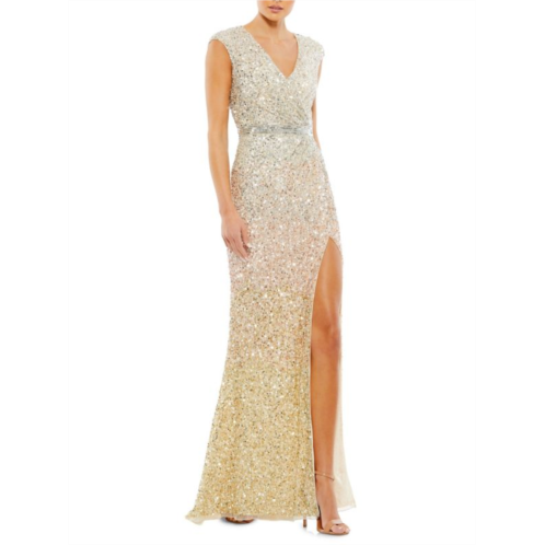 Mac Duggal Sequin Sleeveless Faux Wrap Slit Gown