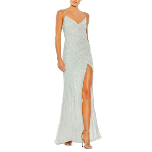 Mac Duggal Beaded High Slit Faux Wrap Gown
