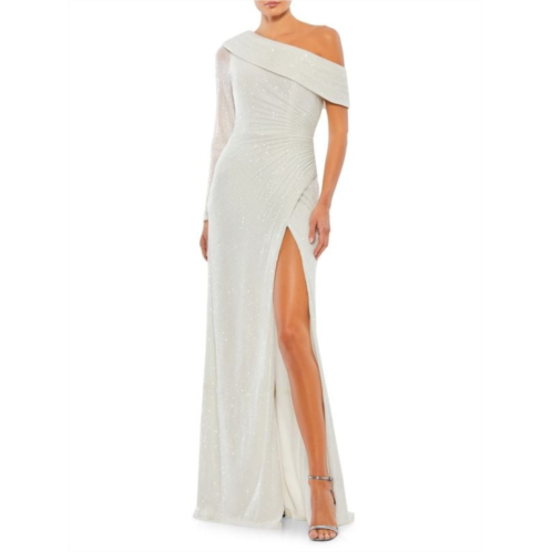 Mac Duggal Sequin One Shoulder High Slit Gown