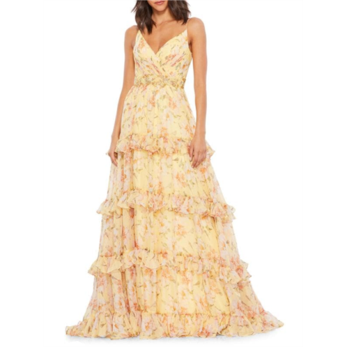 Mac Duggal Floral Ruffle Tiered Gown