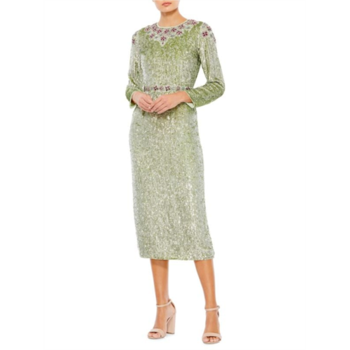 Mac Duggal Floral Sequin Beaded Midi Dress