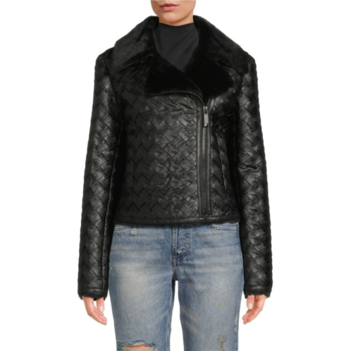 BELLE FARE Faux Shearling & Woven Faux Leather Moto Jacket