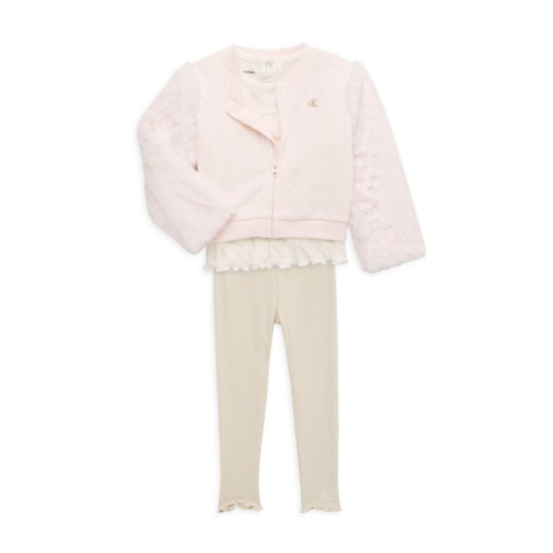 Calvin Klein Baby Girls 3-Piece Logo Top, Pants & Faux Fur Trim Jacket Set