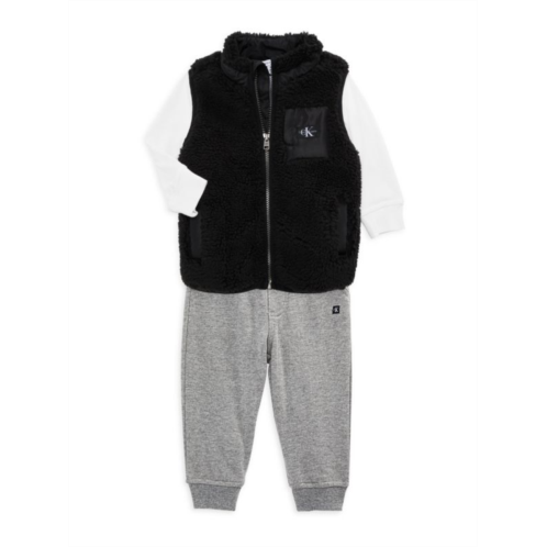 Calvin Klein Baby Boys Berber 3-Piece Logo Tee, Faux Fur Vest & Joggers Set