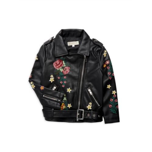 Hannah Banana Little Girls Embroidered Faux Leather Jacket