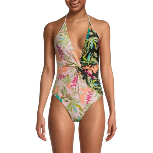 PatBO Tropicalia Contrasting Floral Twisted One Piece Swimsuit