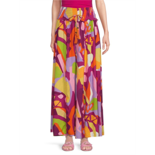 True Destinations Abstract Smocked Waist Wide Leg Pants