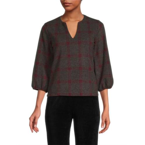 Renee C. Splitneck Plaid Knit Top