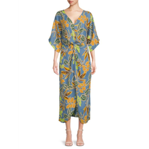 Renee C. Leaf Print Twisted Midi Kimono Dress