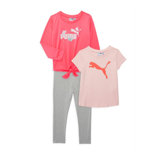 Puma Little Girls 3-Piece Logo Tees & Leggings Set