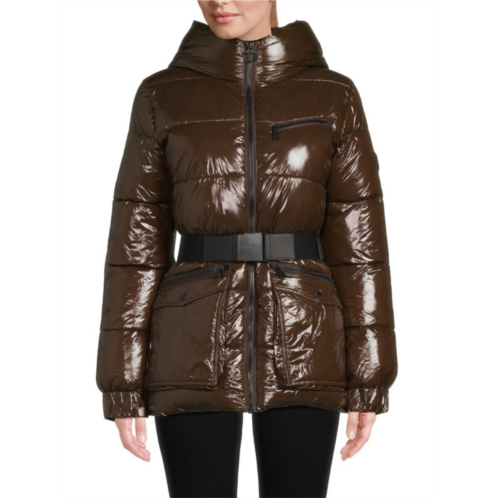 DKNY Sport Glossy Belted & Hooded Puffer Jacket