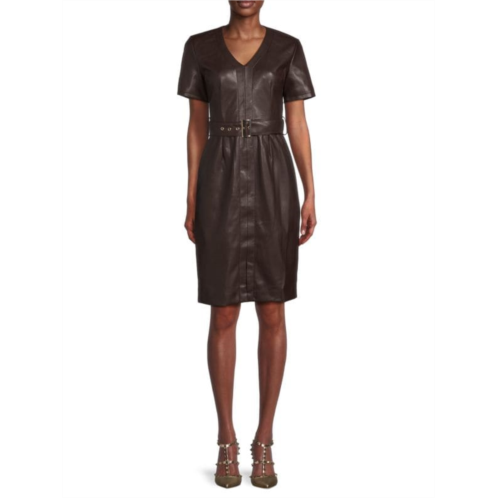 T Tahari Faux Leather Belted Dress