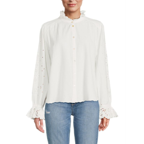 Ba&sh Ruffle Eyelet Linen Blend Button Down Shirt