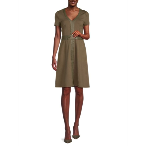 Ellen Tracy Ponte Faux Leather Fit & Flare Dress