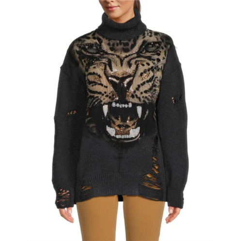 Roberto Cavalli Embellished Tiger Distressed Sweater