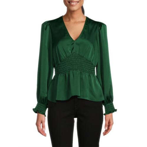 BCBGMAXAZRIA Satin Smocked Peplum Top