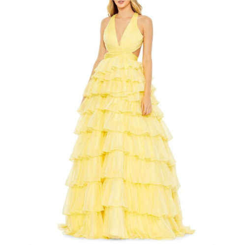 Mac Duggal Plunge Chiffon Tiered Ball Gown