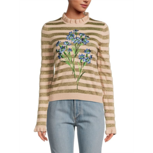 REDValentino Floral Metallic Stripe Wool Blend Sweater