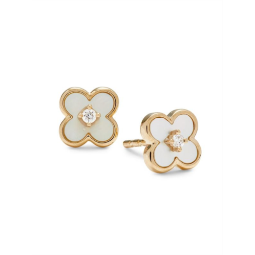 Saks Fifth Avenue 14K Yellow Gold, Mother of Pearl & Diamond Clover Stud Earrings