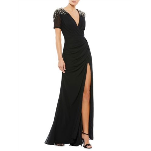 Mac Duggal Embellished Front Slit Draped Gown