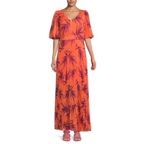 Kensie Leaf Print Blouson Sleeve Maxi Dress