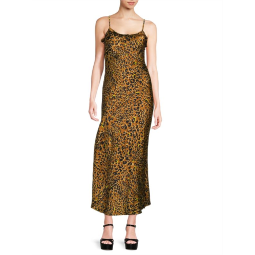 MELLODAY Cheetah Print Satin Maxi Slip Dress