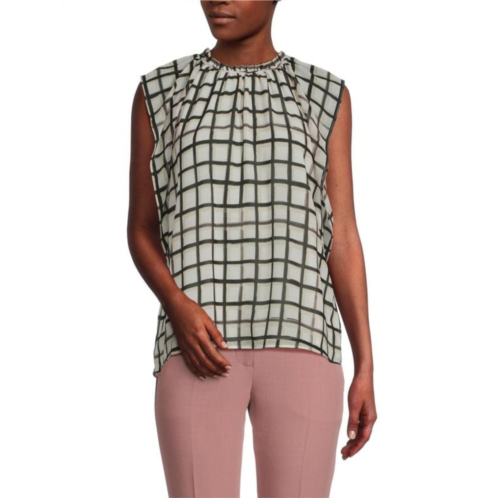 Calvin Klein Checked Ruffle Roundneck Top