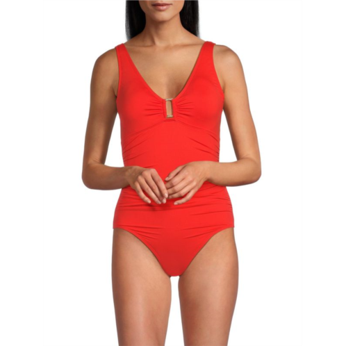 POLO Ralph Lauren Solid Ruched One Piece Swimsuit