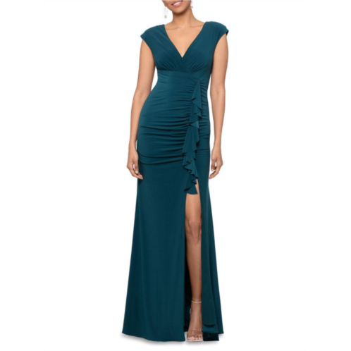 Xscape Ruched Cascade Slit Gown