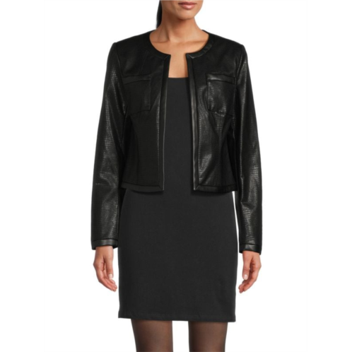 DKNY Collarless Croc Embossed Faux Leather Jacket