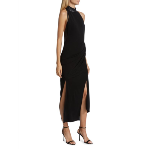 Helmut Lang Leather Trim Halter Midi Dress