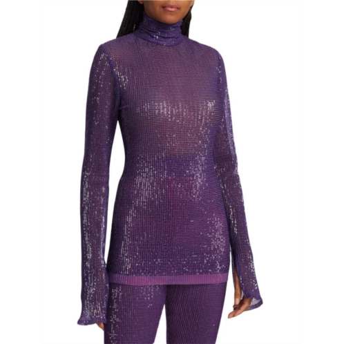 LaQuan Smith Sequined Turtleneck Mesh Top