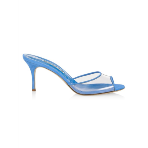 Manolo Blahnik Jadifa Clear Suede Heel Mules