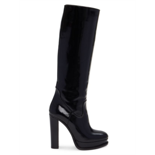 Alexander McQueen Block Heel Patent Leather Mid Calf Boots